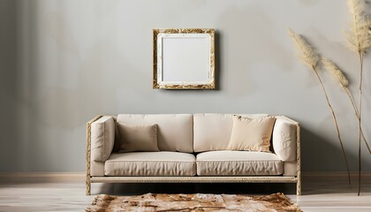 Beige sofa against stucco wall with art frame. Rustic minimalist home interior design of modern living room.
