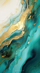 Luxurious banner background displaying an abstract marbled ink painting texture in gold and green emerald green color combination. It depicts emerald green and gold waves with splashes of gold paint