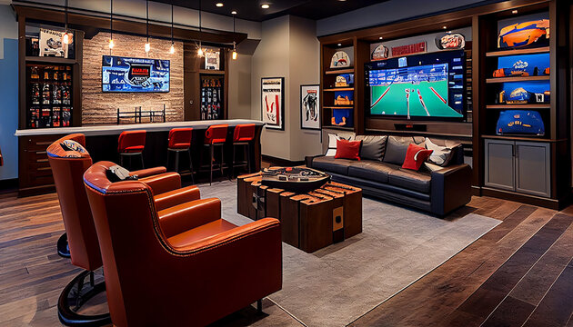 Sports Fan's Haven: Luxurious Man Cave with Leather Couches