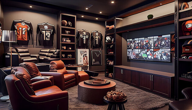 Inviting Sports Room: Luxurious Man Cave with Memorabilia