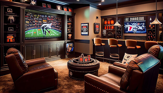 Sports Enthusiast's Dream: Luxurious Man Cave with 4K TV