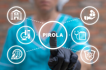 Doctor or laboratory assistant using virtual touch interface presses word: PIROLA. BA.2.86 Pirola...