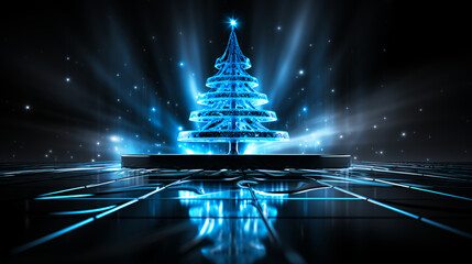 Futuristic blue Christmas Tree - Blue Neon lights 