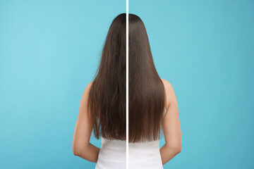 Photo of woman divided into halves before and after hair treatment on light blue background, back...