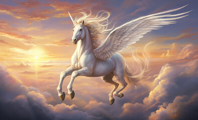 a white horse is flying through the clouds - obrazy, fototapety, plakaty