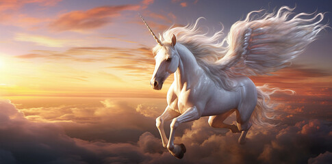 a white horse is flying through the clouds