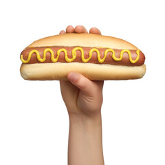 Woman holding delicious hot dog with mustard on white background, closeup