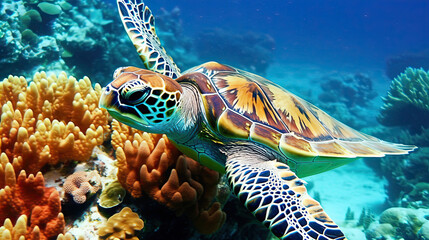 Sea turtle close-up over a coral reef in the Maldives. Travel and vacation background. 