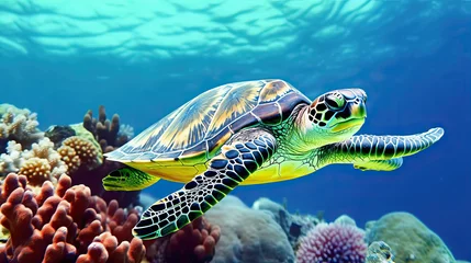  Sea turtle close-up over a coral reef in the Maldives. Travel and vacation background.  © Ziyan Yang