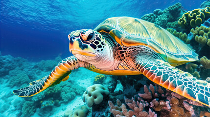 Sea turtle close-up over a coral reef in the Maldives. Travel and vacation background.  - obrazy, fototapety, plakaty