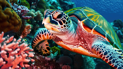 Fototapeta na wymiar Sea turtle close-up over a coral reef in the Maldives. Travel and vacation background. 