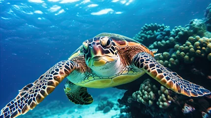 Fotobehang Sea turtle close-up over a coral reef in the Maldives. Travel and vacation background.  © Ziyan Yang