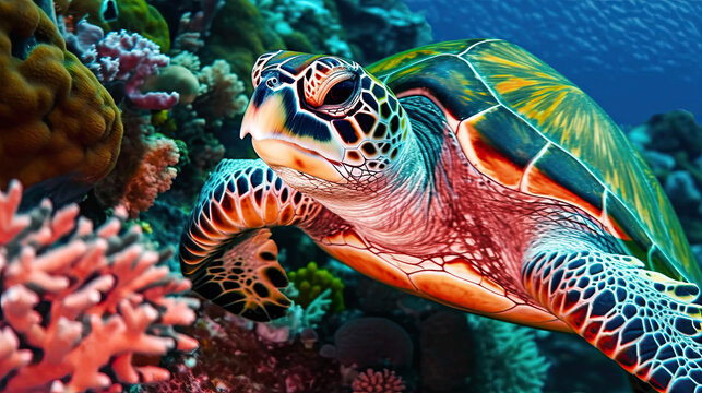 Sea turtle close-up over a coral reef in the Maldives. Travel and vacation background. 