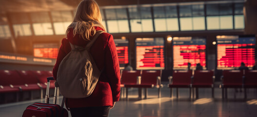 woman checking list of flights in airport