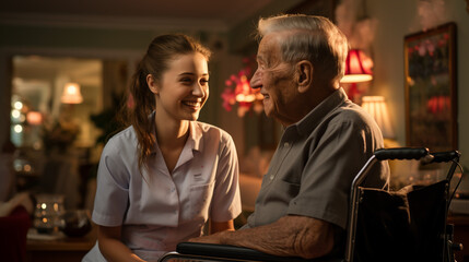 Young nurse taking care of a senior man at home - obrazy, fototapety, plakaty