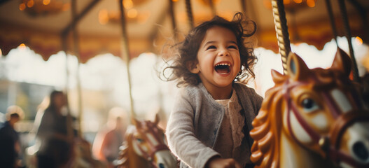 little girl having fun on merry go round carousel - obrazy, fototapety, plakaty