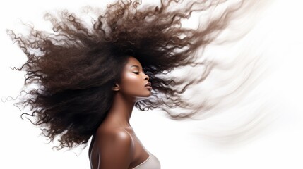 closeup of beautiful black african american young female model woman shaking her beautiful afro hair in motion. ad for shampoo conditioner hair products. isolated on white background. Generative AI - obrazy, fototapety, plakaty