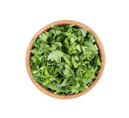 Chopped parsley leaves in wooden bowl isolated on white, top view
