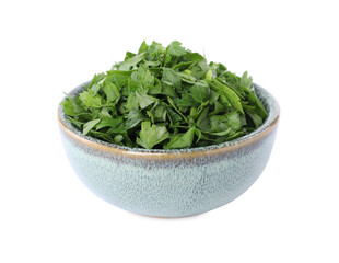 Chopped parsley leaves in bowl isolated on white