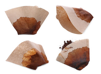 Set with used coffee filters isolated on white