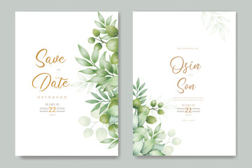 Green Leaves Watercolor Wedding Invitation Card Template  