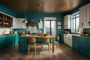Luxury modern and vintage turquoise interior. Marble kitchen island with wooden chockers.
