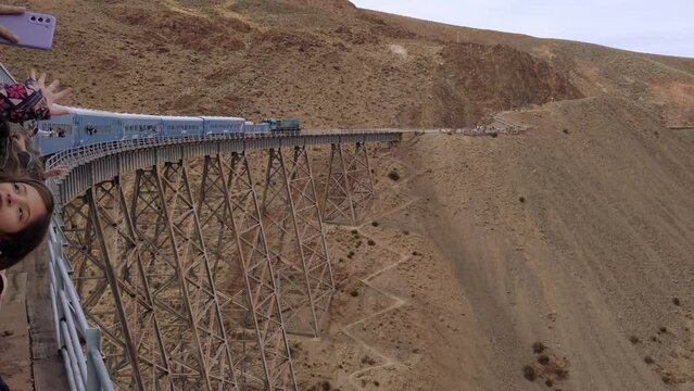 Train to the Clouds (Spanish: "Tren a las Nubes") Crossing La Polvorilla Viaduct in Salta Province, Andes Mountains, Argentina. 4K Resolution.