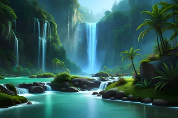 Tuinposter A masterpiece of a jungle waterfall during a tropical storm - AI Generative © Muhammad