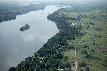 Aerial view of the White Nile River as it flows through Juba, capital of South Sudan