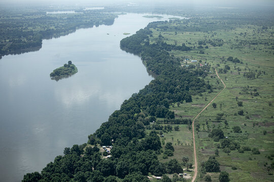 Fototapeta Aerial view of the White Nile River as it flows through Juba, capital of South Sudan