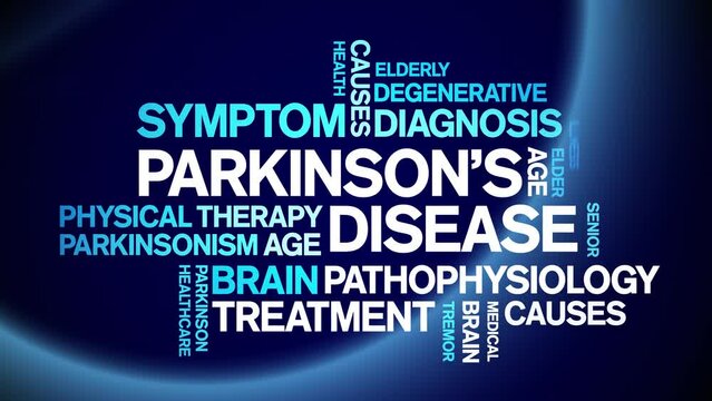 Parkinson's Disease animated tag word cloud;text design animation kinetic typography seamless loop.