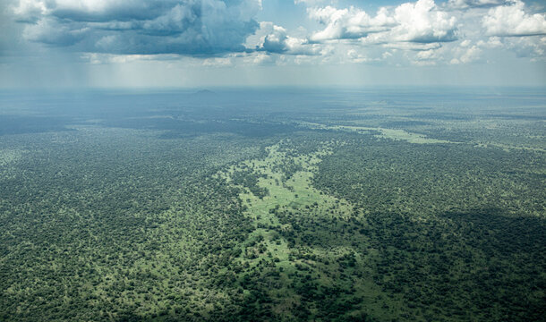 Aerial landscape of South Sudan with thunderstorms and rain over wilderness