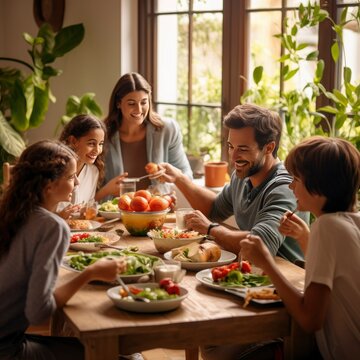 Family Having Dinner Together, Gathered Around A Set Dining Table