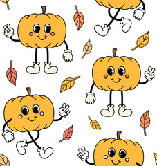 Vector seamless pattern of retro groovy cartoon pumpkins and leaves isolated on white background