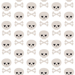 Vector seamless pattern of hand drawn flat groovy skull and crossed bones isolated on white background