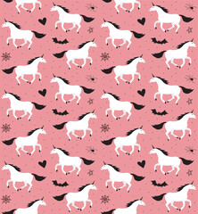 Vector seamless pattern of Halloween black unicorn isolated on pink background