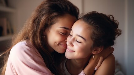 Mother day, cute asian teen girl hugging and kissing on the cheek, mature middle age mum. Love, kiss, care, happy smile enjoy family time. celebrate special occasion, happy birthday, merry Christmas.