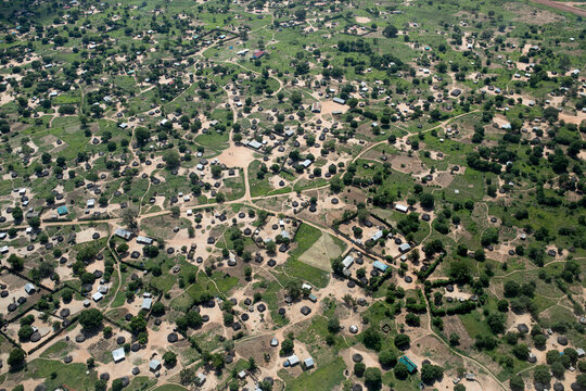 aerial view of buildings and huts in the village of Torit, South Sudan