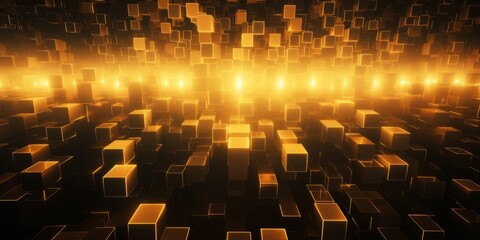 Obraz premium Yellow LED Creative Abstract Geometric Texture. Screen Wallpaper. Digiral Art. Abstract Bright Surface Geometrical Horizontal Background. Ai Generated Vibrant Texture Pattern.