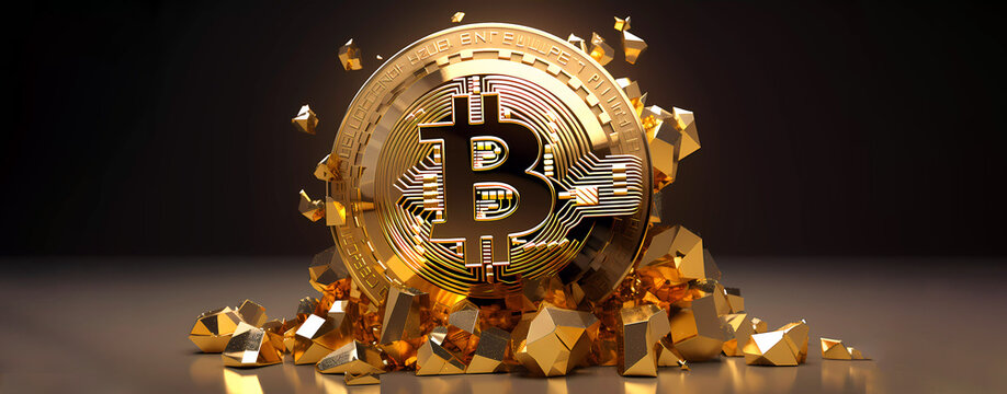 Bitcoin is golden. Copy space. Generated AI. Edited in Photoshop.