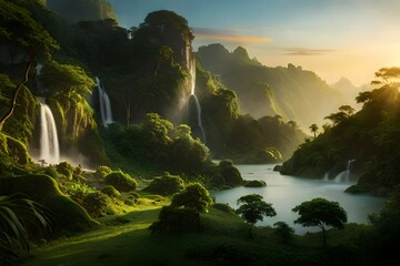 An ultra-realistic image of a jungle at dawn, where the first light of day gently penetrates the mist-covered forest - AI Generative
