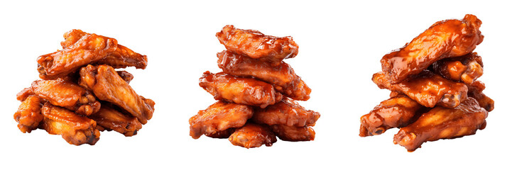 a set of three roast chicken wings isolated on a transparent background