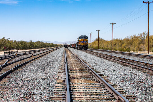 USA, California, Barstow, Kelso Depot, Railroad tracks in desolate Mojave National Reserve