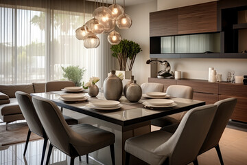 Creating a chic and sophisticated ambiance, this elegant modern dining room showcases sleek furniture, clean lines, and a monochromatic palette of taupe and white, complemented by stylish pendant
