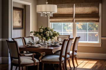 An Elegant and Spacious Dining Room with a Harmonious Blend of Brown and Beige Tones, Creating a Warm and Inviting Ambiance Enhanced by Stylish Furniture, Modern Lighting, and Natural Light
