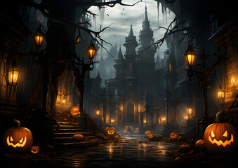 Creepy Halloween night scene with lanterns, pumpkins, and a dark castle
