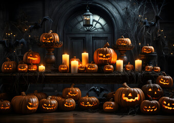 Halloween background with bats, pumpkins and lanterns set on a table