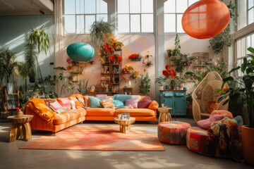 Step into our vibrant Bohemian haven of creativity: an eclectic office interior filled with cozy nooks, vibrant artwork, ethnic prints, and natural materials, creating a free-spirited