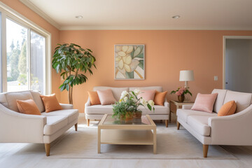 Step into the harmonious sanctuary of a spacious, modern living room, adorned with elegant, pastel decor, inviting natural light, and a tranquil ambiance.
