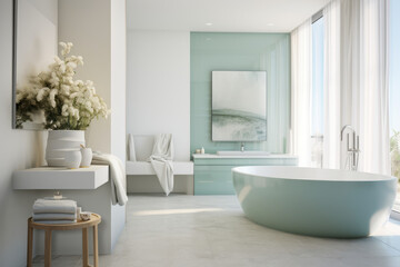 Fototapeta na wymiar Creating a Stylish and Serene Bathroom Retreat: A Contemporary Oasis with Refreshing Mint Accents, Elegance, and Tranquility, Featuring Minimalistic Design and Spa-like Ambiance.